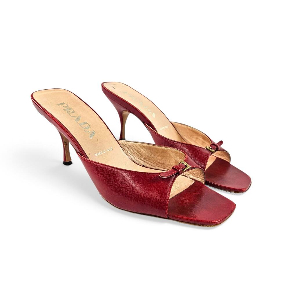 Vintage Prada Kitten Heels Red Leather Buckle Mules - 36.5 EU (US 6)